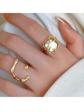 Ring Pearl 2pc Gold Adjustable Modern Iridescent Stylish Holloywood Glam Stylish